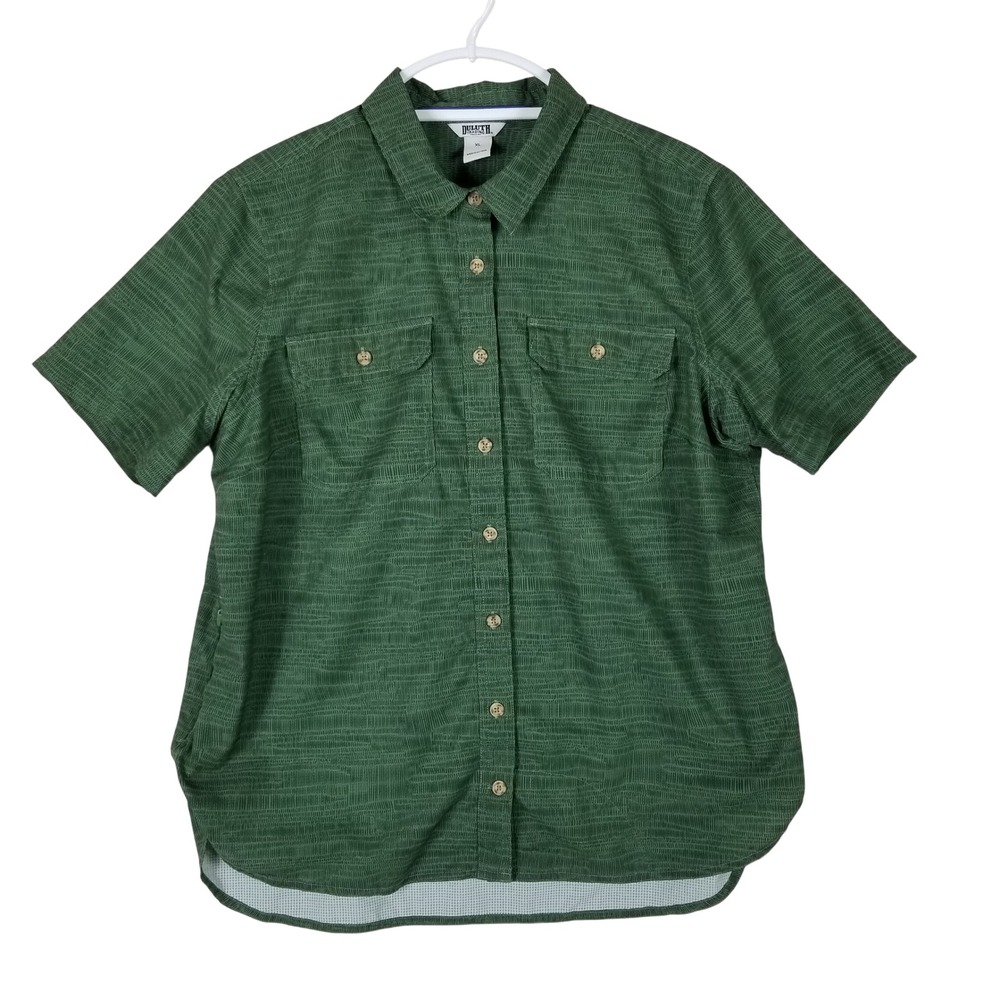 Duluth Trading Co Button Up Shirt Women XL Green Short Sleeve Textured Utility